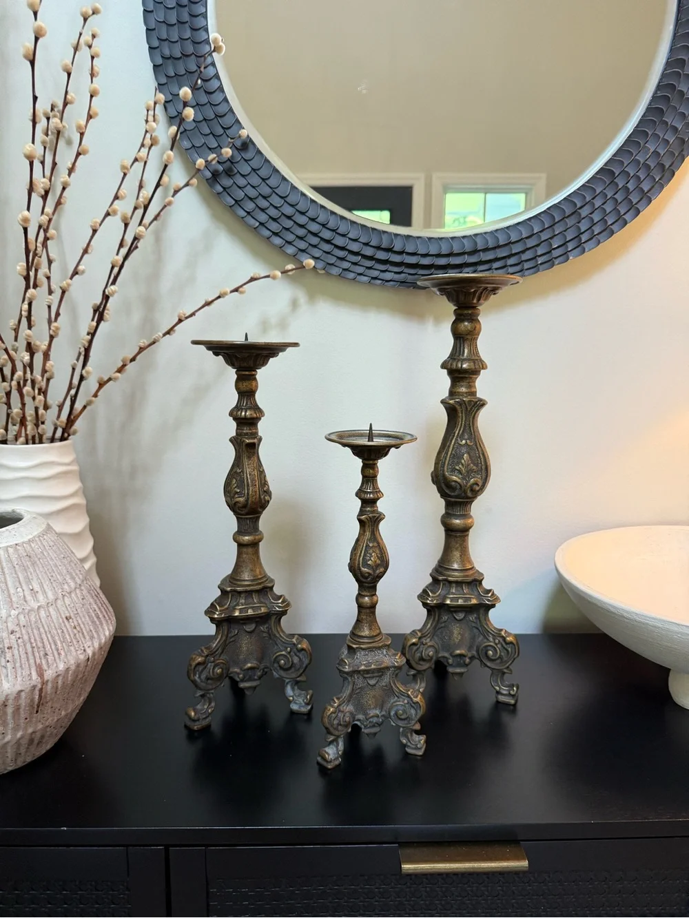 Antique Baroque Brass Alter Candle Holders - Set of 3